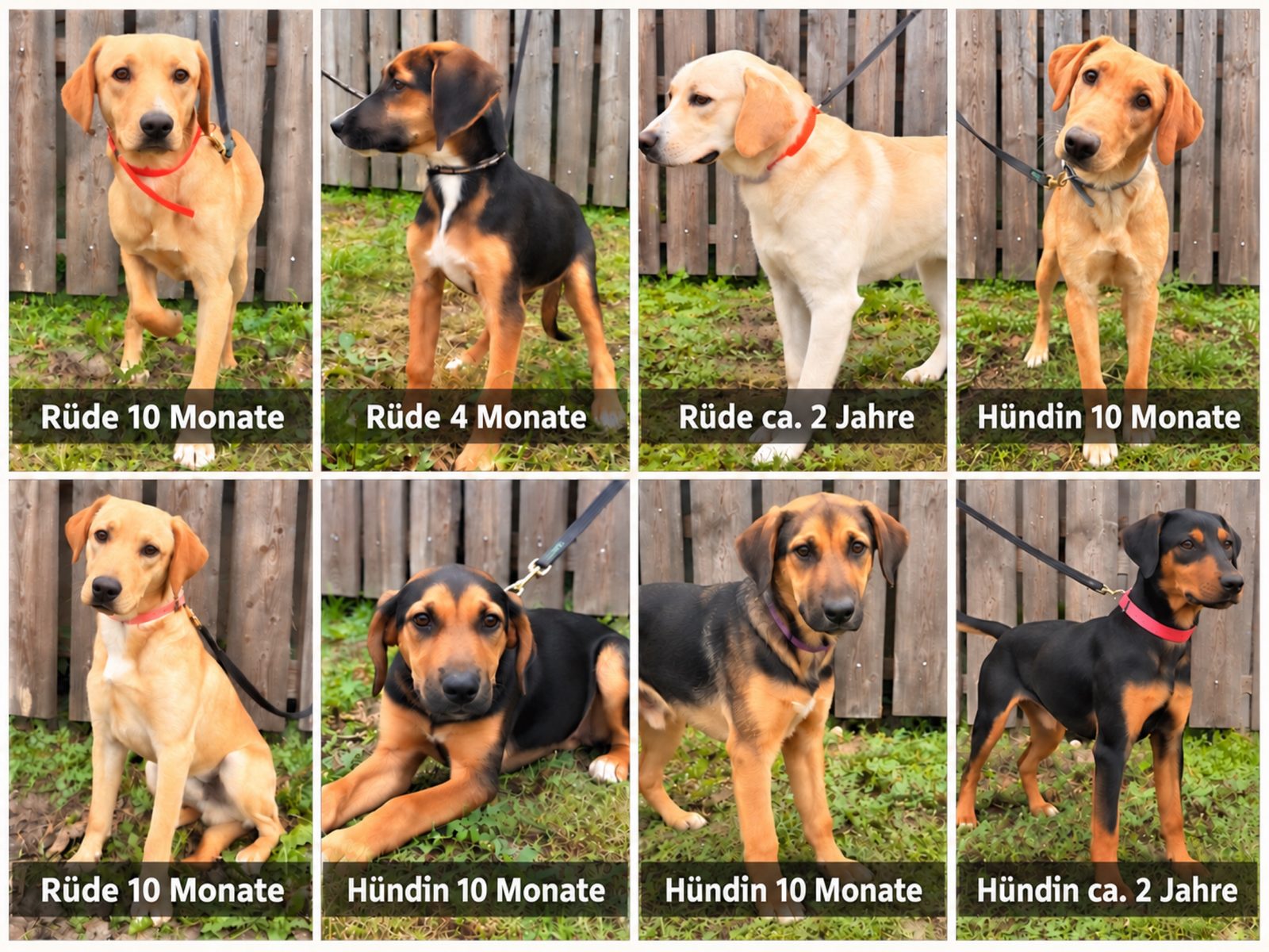 Collage mit acht Hunden vor einem Holzzaun: zwei erwachsene Elterntiere und sechs Welpen